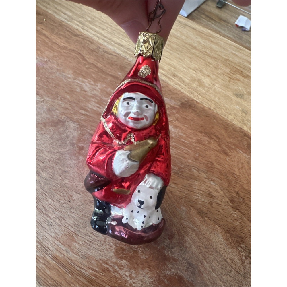 Vtg Mercury Glass Littlest Fireman Firefighter & Dalmatian Christmas Ornament